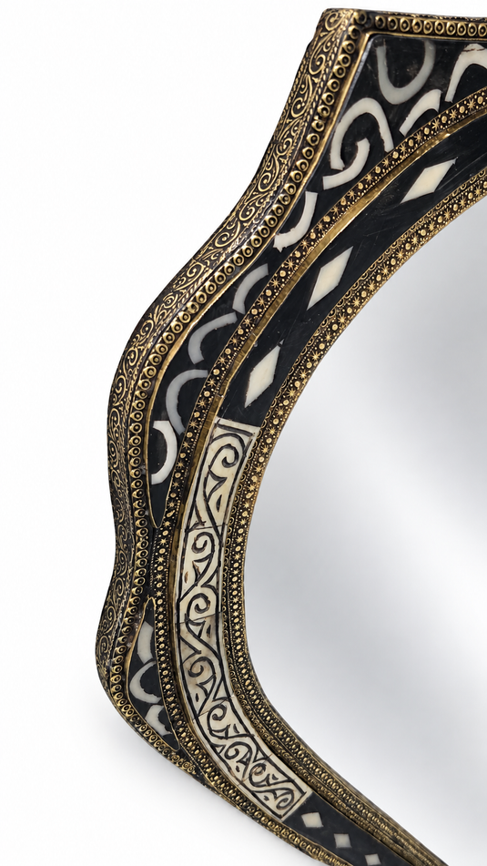 Handmade Moroccan Arched Wall Mirror, Black & Ivory Inlay with Antique Gold Details, Ornate Bathroom Vanity Mirror, Boho Wall Decor