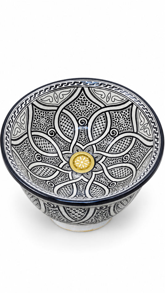 Black & White Moroccan Sink β Hand-Painted Geometric Ceramic Washbasin
