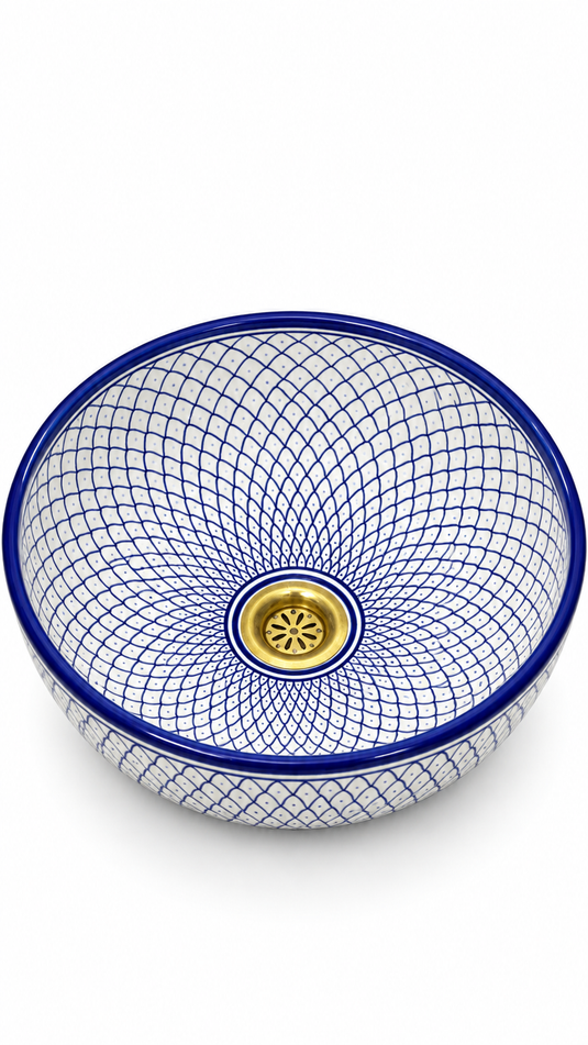 Hand-Painted Moroccan Ceramic Vessel Sink β Royal Blue Fish Scale Pattern with Brass Drain