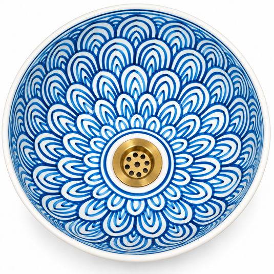Hand-Painted Moroccan Blue Fish Scale Ceramic Vessel Sink – Artisan Bathroom Wash Basin