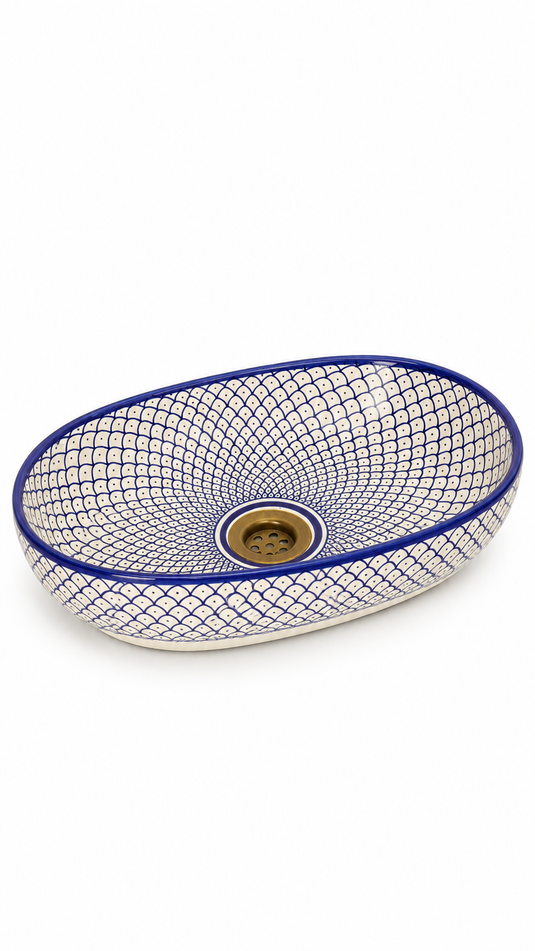 Blue Scallop Pattern Oval Moroccan Ceramic Sink #015