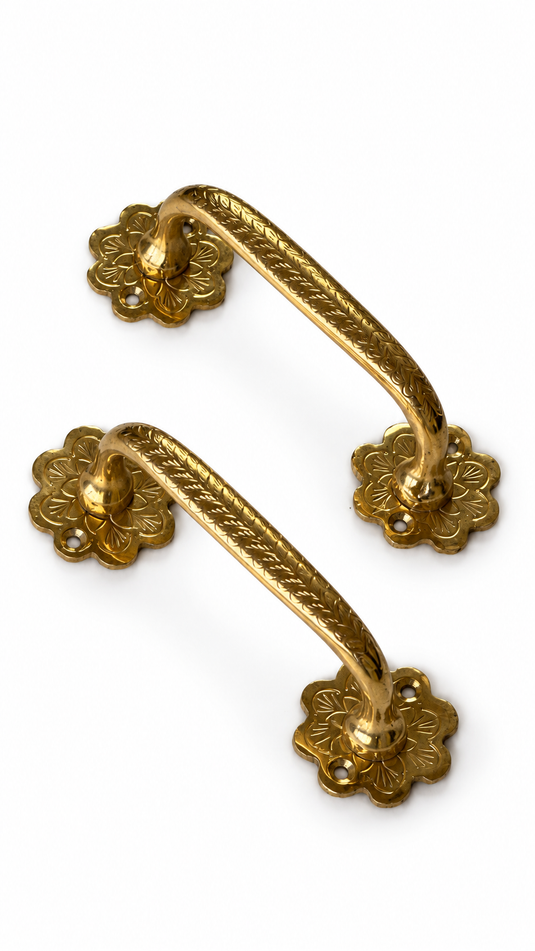 Moroccan Handmade Brass Drawer Pulls, Antique Style Cabinet Handles with Floral Backplates, Kitchen & Dresser Handles