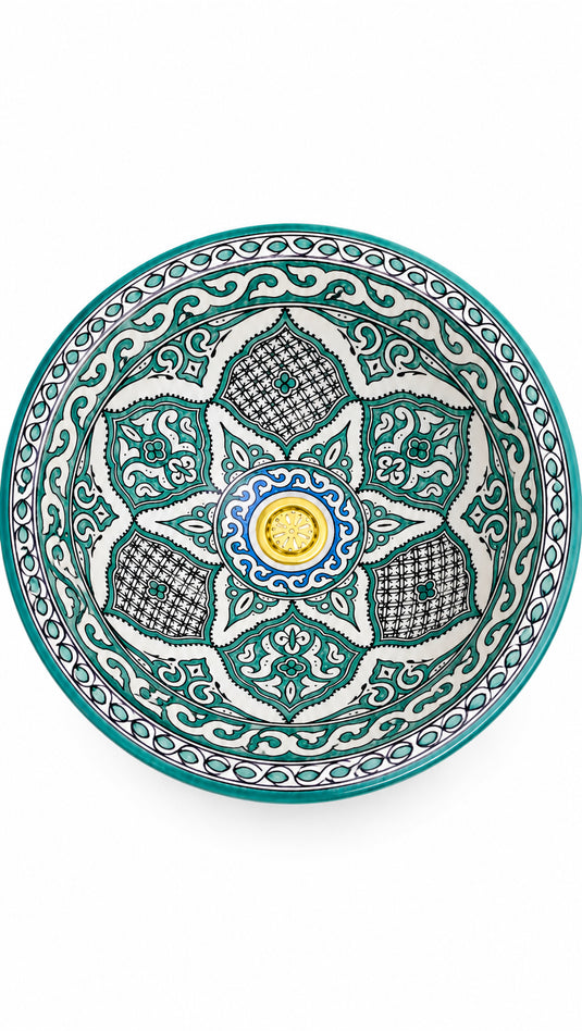 Emerald Fez – Hand-Painted Green Moroccan Ceramic Vessel Sink with Geometric Floral Motifs