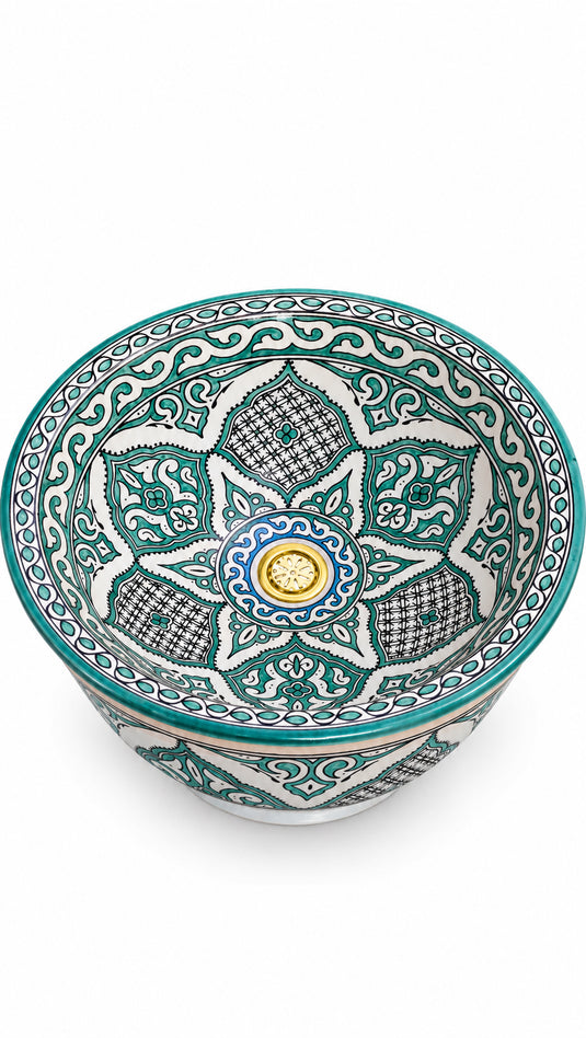 Emerald Fez – Hand-Painted Green Moroccan Ceramic Vessel Sink with Geometric Floral Motifs
