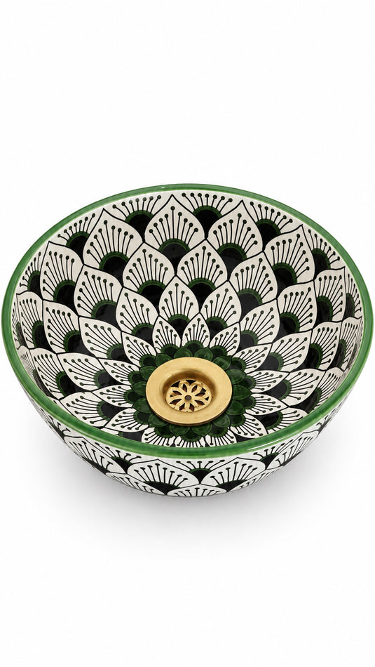 Emerald Lotus Moroccan Ceramic Sink – Hand-Painted Green Floral Vessel Basin