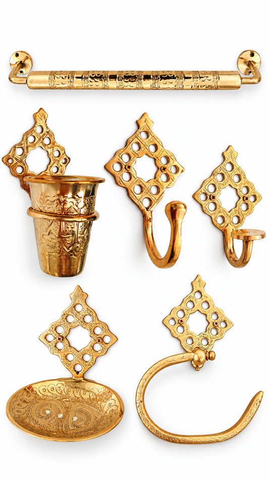 Moroccan Brass Bathroom Accessories Set of 6 – Engraved Towel Bar, Hooks, Soap Dish & Cup Holder