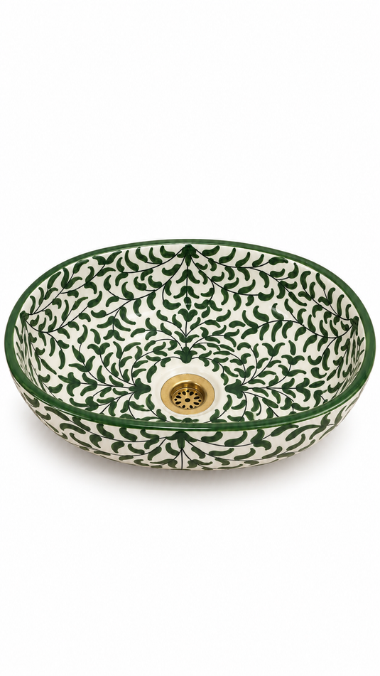 Forest Green and White Botanical Moroccan Ceramic Sink #014