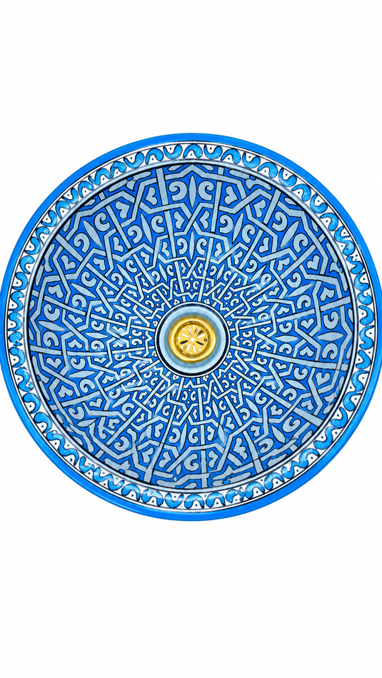 Hand-Painted Blue Moroccan Ceramic Vessel Sink – Geometric Mosaic Pattern