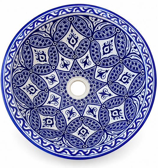 Hand-Painted Moroccan Ceramic Sink – Cobalt Blue & White Arabesque Floral Design