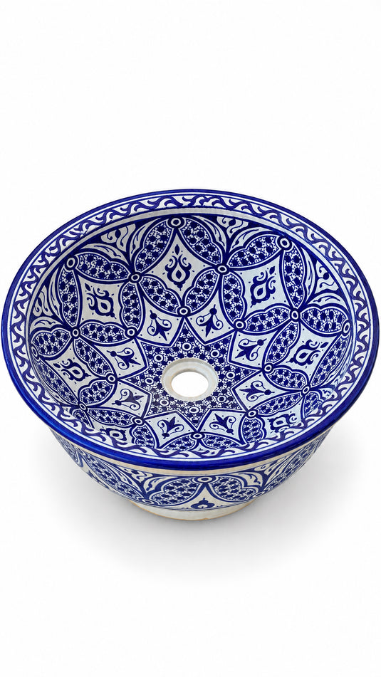 Hand-Painted Moroccan Ceramic Sink – Cobalt Blue & White Arabesque Floral Design