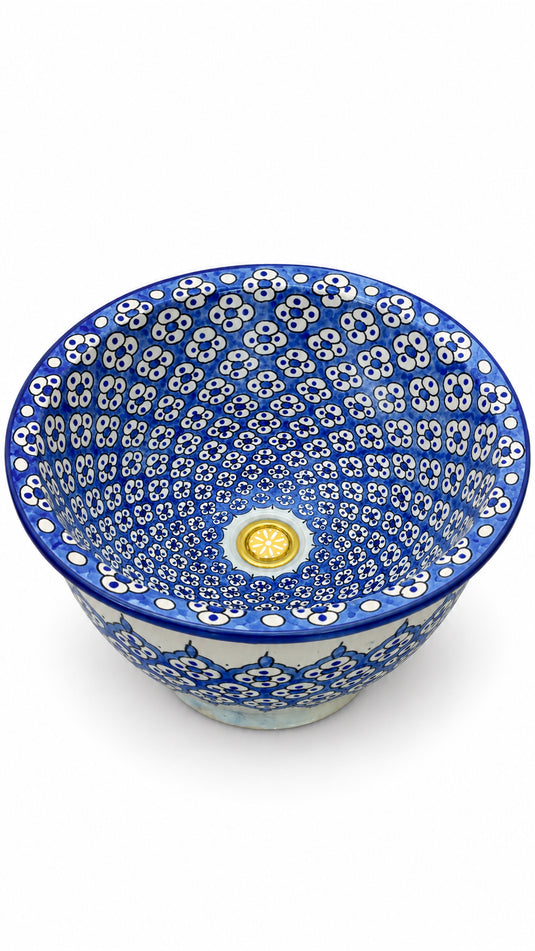 Hand-Painted Moroccan Ceramic Vessel Sink – Cobalt Blue & White Floral Pattern with Brass Drain
