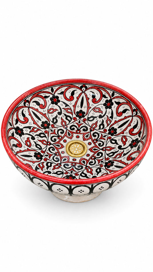 Hand-Painted Moroccan Ceramic Vessel Sink – Red & Black Floral Arabesque Design