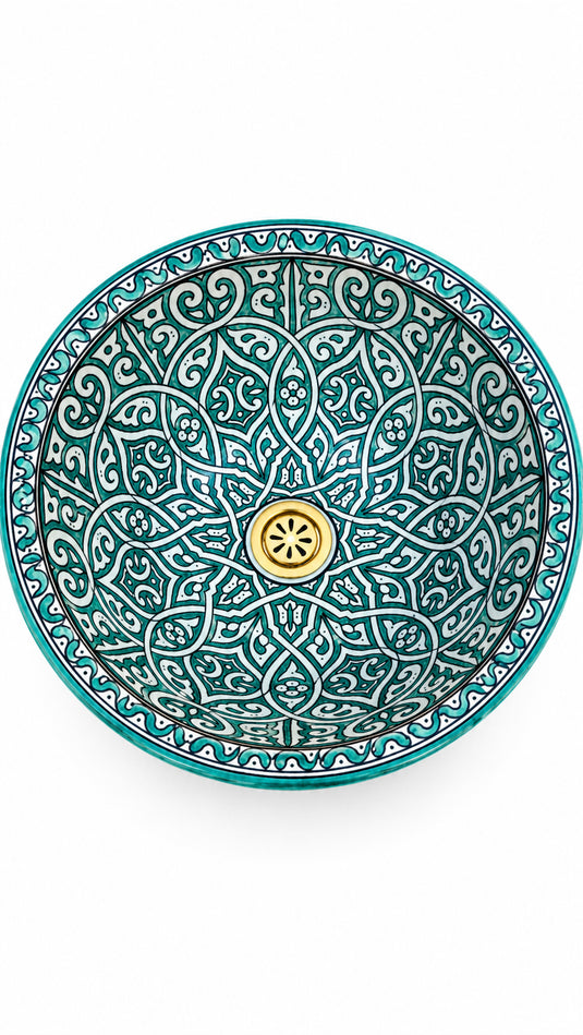 Hand-Painted Moroccan Ceramic Vessel Sink – Turquoise Arabesque Floral Design