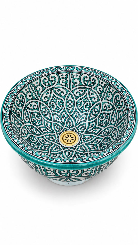 Hand-Painted Moroccan Ceramic Vessel Sink – Turquoise Arabesque Floral Design