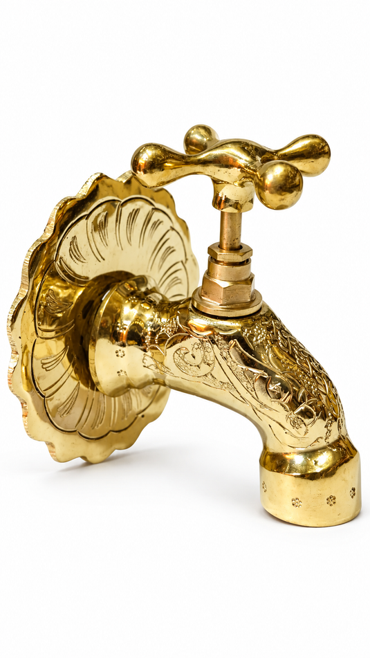 Moroccan Engraved Brass Wall Faucet, Vintage-Style Garden Tap with Scalloped Backplate
