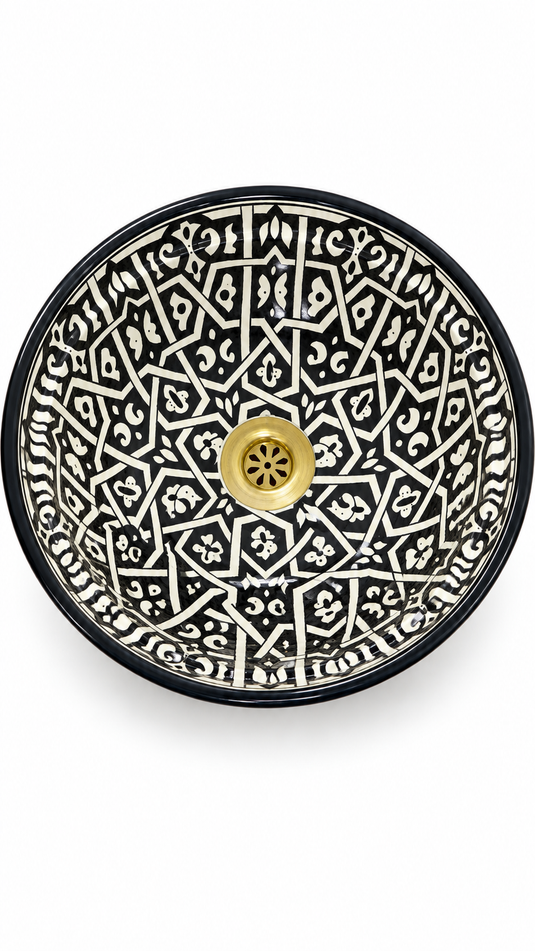 Handmade Black and Ivory Ceramic Vessel Sink – Hand-Painted Geometric Bathroom Countertop Basin