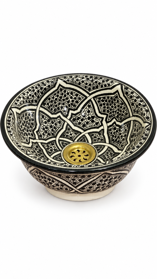Handmade Black and Ivory Ceramic Vessel Sink – Hand-Painted Star Pattern Bathroom Countertop Basin