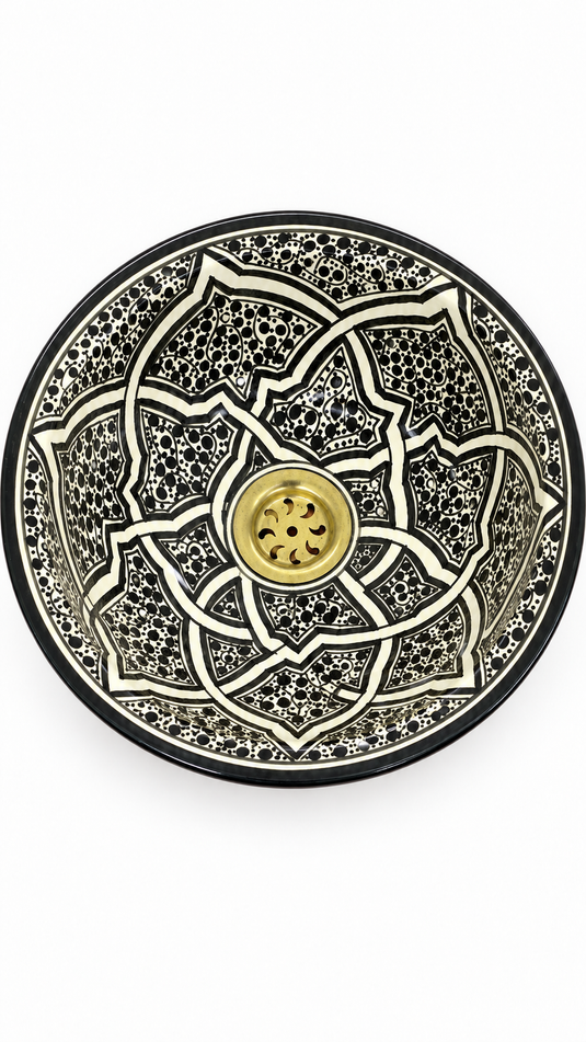 Handmade Black and Ivory Ceramic Vessel Sink – Hand-Painted Star Pattern Bathroom Countertop Basin