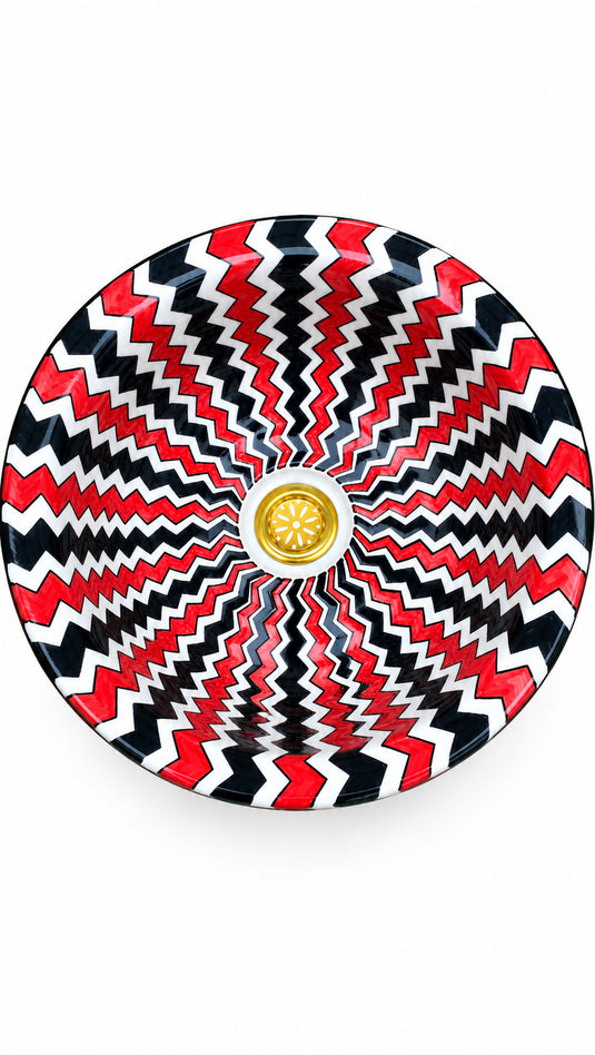 Marrakech Red Zigzag – Hand-Painted Moroccan Ceramic Vessel Sink