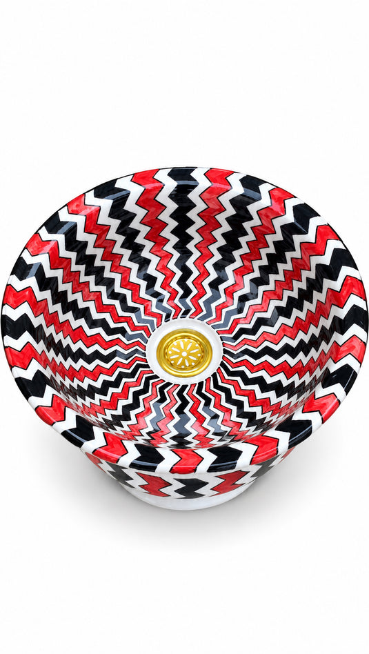 Marrakech Red Zigzag – Hand-Painted Moroccan Ceramic Vessel Sink