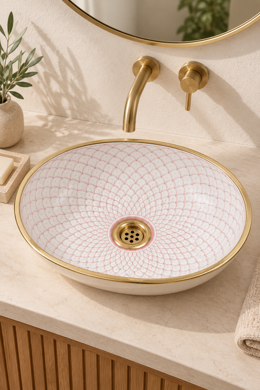 Blush Pink Scallop Ceramic Sink with Gold-Toned Rim #026