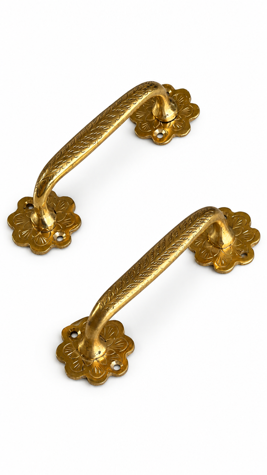 Moroccan Handmade Brass Drawer Pulls, Antique Style Cabinet Handles with Floral Backplates, Kitchen & Dresser Handles