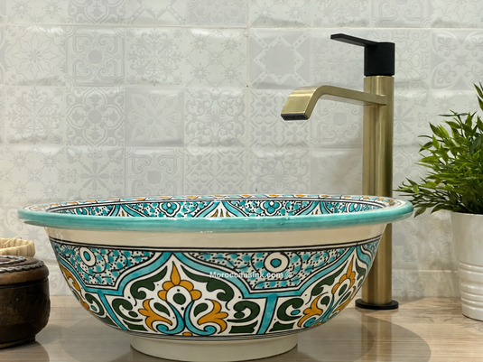 Hand-Painted Turquoise Ceramic Vessel Sink