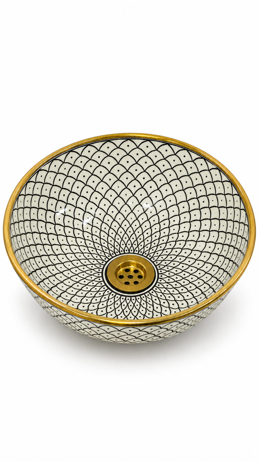 Moroccan Fish Scale Hand-Painted Ceramic Sink with Gold Rim