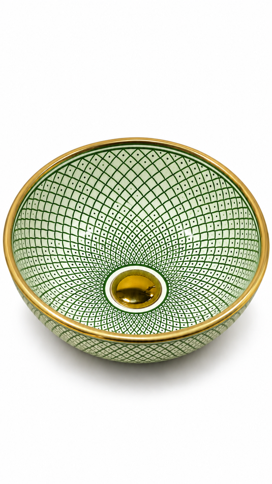 Green Moroccan Fish Scale Ceramic Sink with Gold Rim