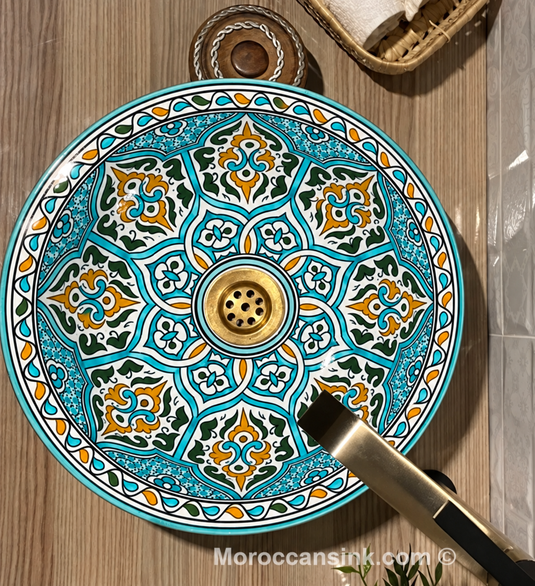 Hand-Painted Turquoise Ceramic Vessel Sink