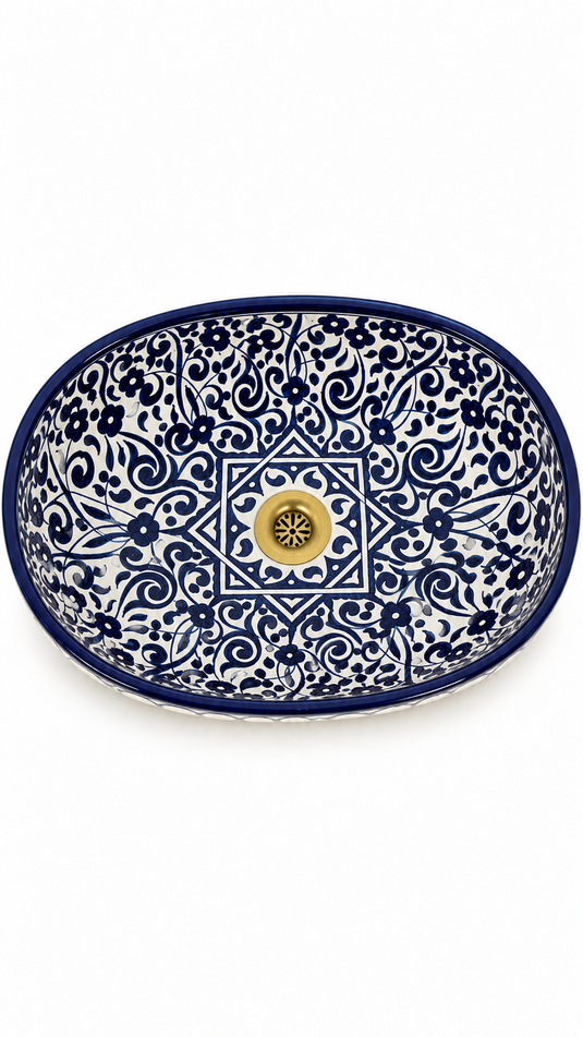 Deep Blue and Cream Floral Moroccan Ceramic Sink #018