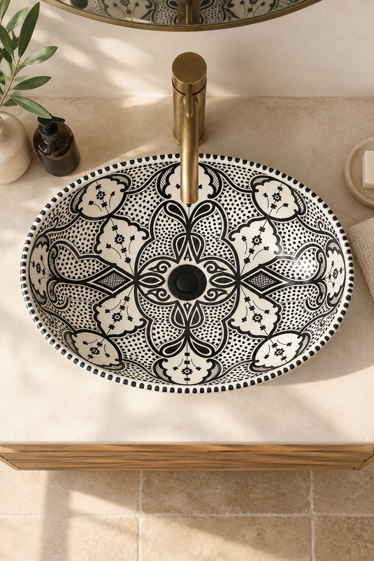 Ornate Black and White Oval Moroccan Ceramic Sink #010