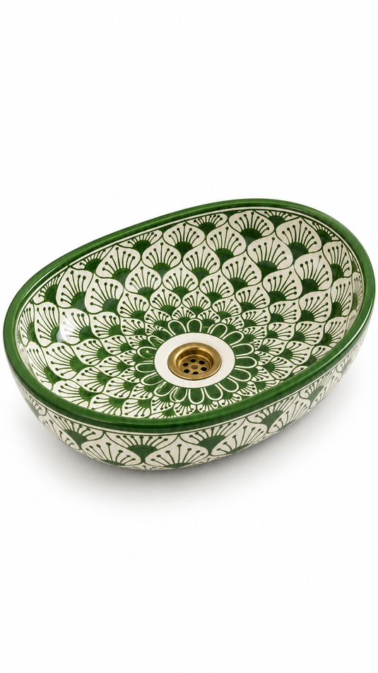 Olive Green Fan Pattern Moroccan Ceramic Sink #021