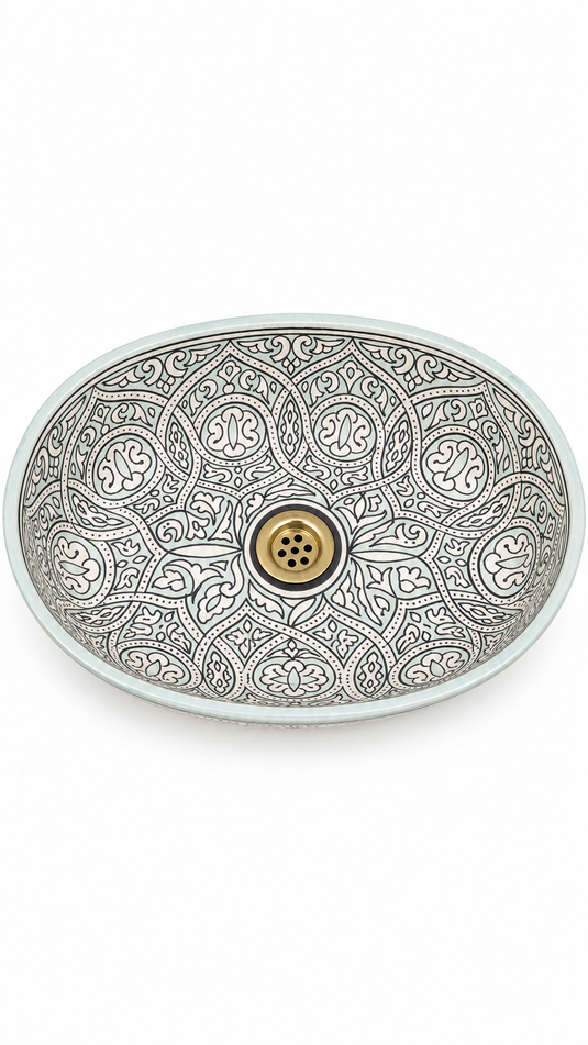 Pale Aqua and Black Ornate Moroccan Ceramic Sink #019