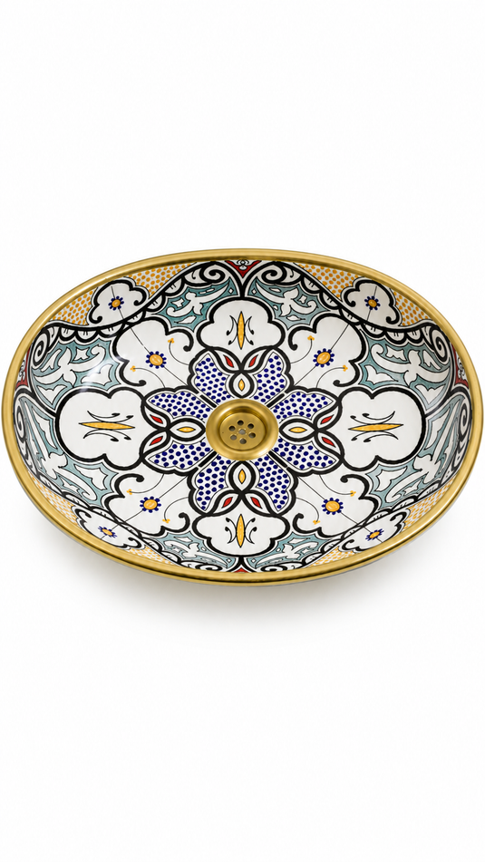 Gold-Toned Rim Floral Moroccan Ceramic Sink #023
