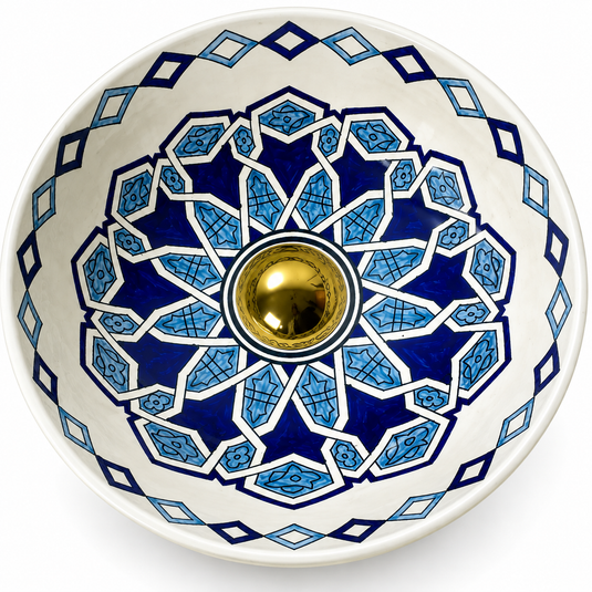 Handmade Moroccan Ceramic Vessel Sink β Blue Geometric Star Pattern with Brass Drain