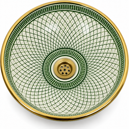 Handmade Moroccan Ceramic Vessel Sink – Green Fish Scale Pattern with Gold Rim