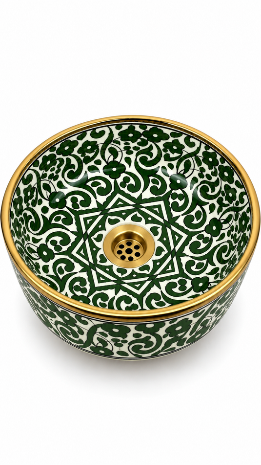 Handmade Moroccan Ceramic Vessel Sink β Dark Green Floral Pattern with Gold Brass Rim | Luxury Bathroom Basin