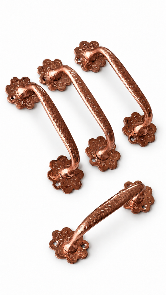Moroccan Handmade Brass Drawer Pulls, Antique Style Cabinet Handles with Floral Backplates, Kitchen & Dresser Handles