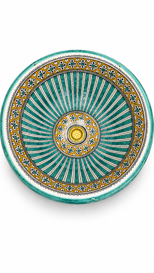 Handmade Turquoise and Yellow Ceramic Vessel Sink β Hand-Painted Striped Bathroom Countertop Basin
