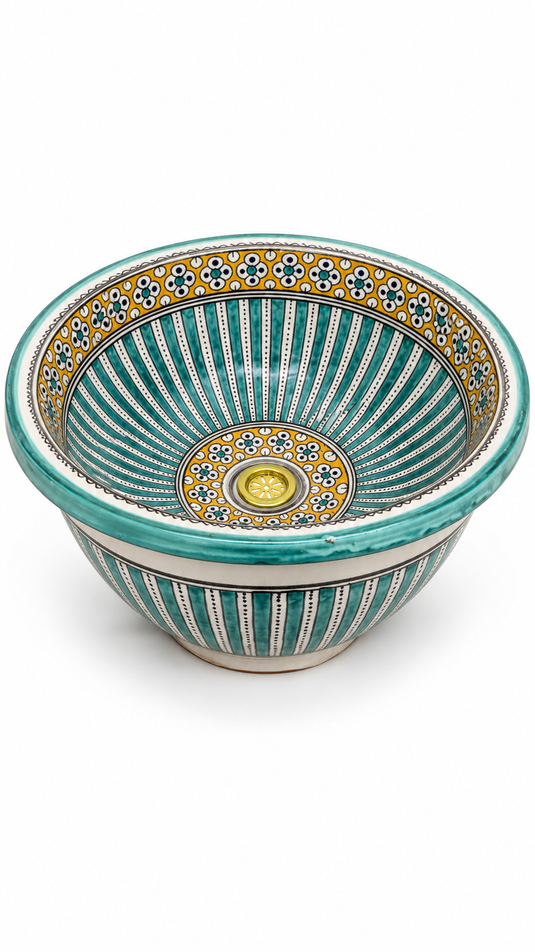 Handmade Turquoise and Yellow Ceramic Vessel Sink β Hand-Painted Striped Bathroom Countertop Basin