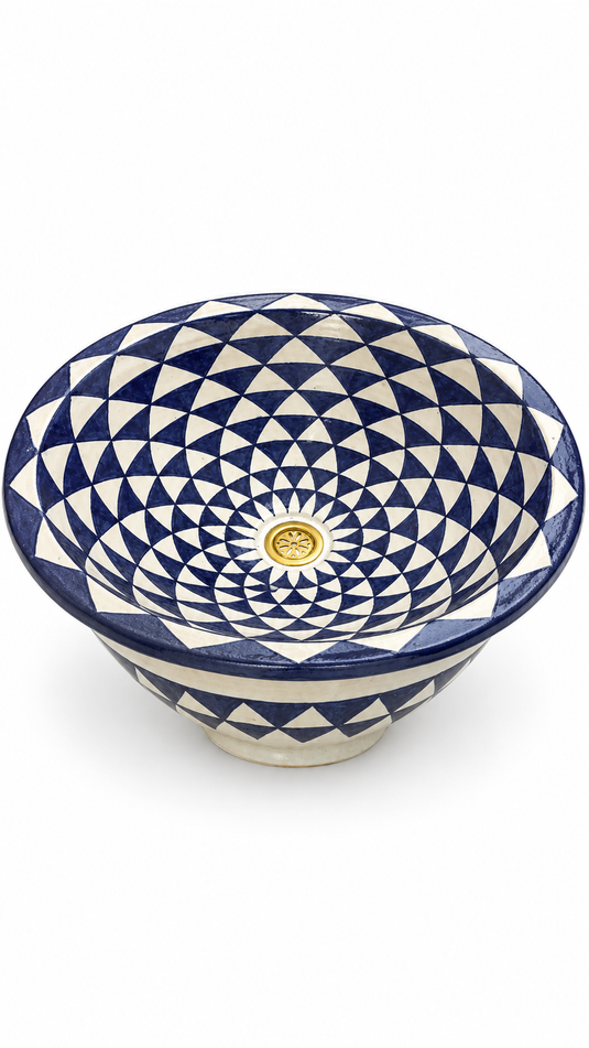 Handmade Blue and Ivory Geometric Ceramic Vessel Sink β Hand-Painted Bathroom Countertop Basin