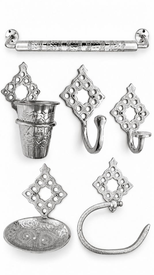 Moroccan Brass Bathroom Accessories Set of 6 – Engraved Towel Bar, Hooks, Soap Dish & Cup Holder