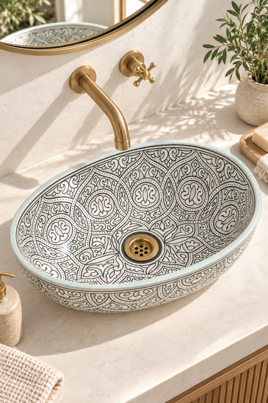 Pale Aqua and Black Ornate Moroccan Ceramic Sink #019
