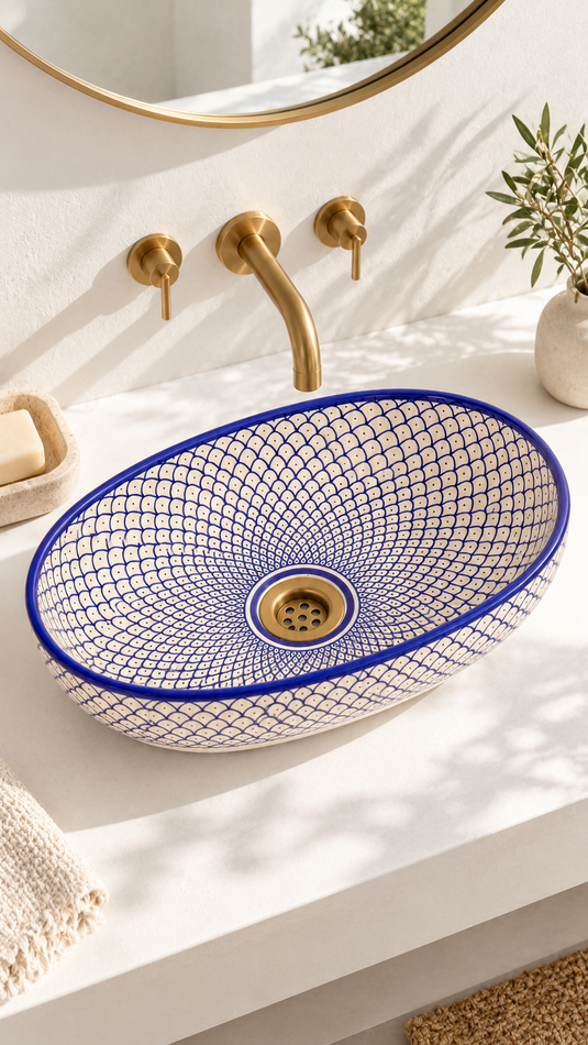 Blue Scallop Pattern Oval Moroccan Ceramic Sink #015