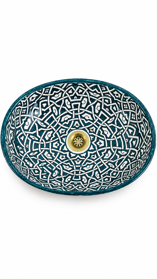 Teal Arabesque Oval Moroccan Ceramic Sink #009