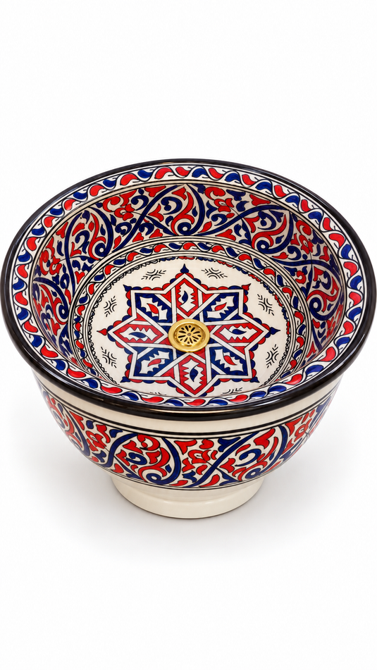 Handmade Red and Blue Ceramic Vessel Sink β Hand-Painted Arabesque Bathroom Countertop Basin