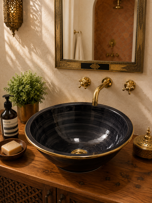 Moroccan Vessel Sink Gold Rim & Ceramic Bathroom Sink