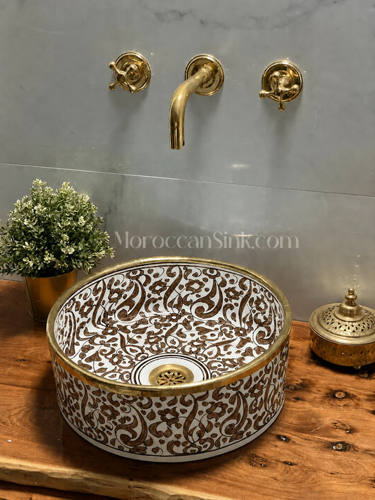 Vessel Sink, Sink Bowl, Ceramic Basin, Hand Wash Basin,Antique Sink with Brass Rim Edge