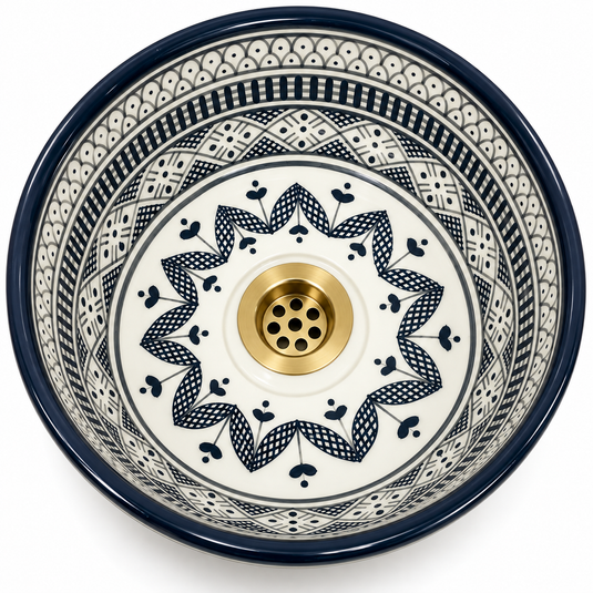 Handmade Moroccan Ceramic Vessel Sink β Black & White Geometric Pattern with Brass Drain | Luxury Bathroom Basin